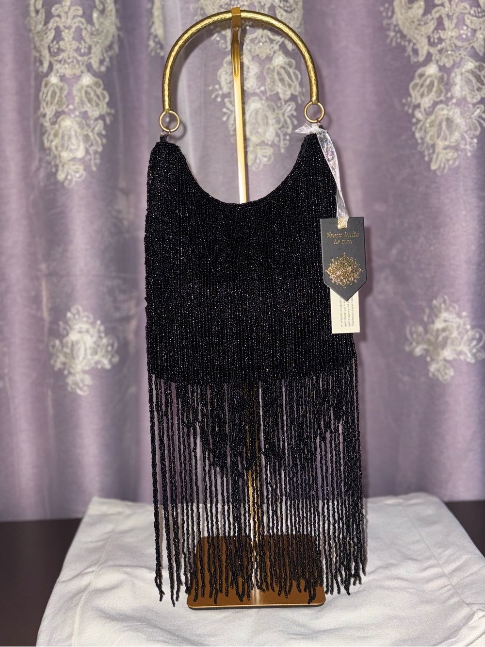 NWT “From India to You” Hand Beaded Black Fringe Evening Bag - Gold Metal Handle